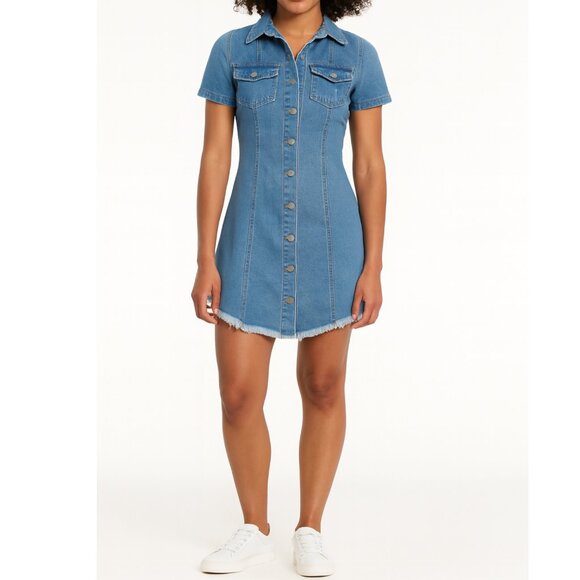 Women’s Denim Button-Up Mini Dress – Short Sleeve, Size Medium - Picture 3 of 4